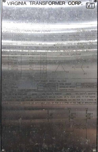 7500/10500 KVA, Pri 138000 D, Sec 4160Y/2402, VIRGINIA, 2011, COPPER, UNUSED:1