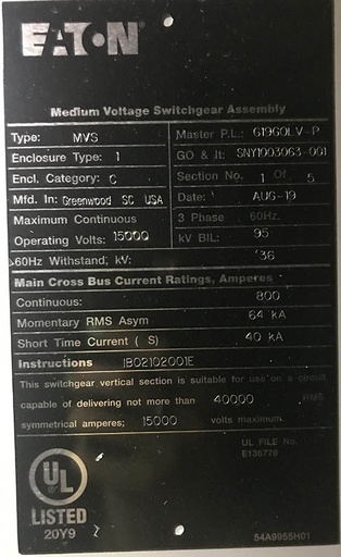 600 Amp, EATON, MVS, 15000 V, 2019,CABLE ENTRANCE SECTION