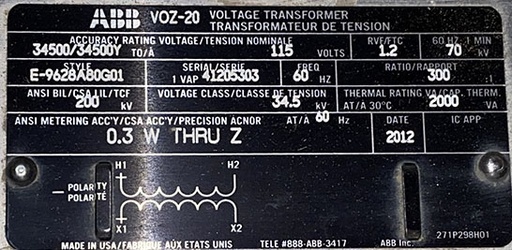 2 KVA, Pri. 34500/34500Y, Sec. 115 V, 2012, ABB VOZ-20, 300:1