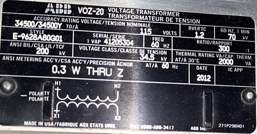 2 KVA, Pri. 34500/34500Y, Sec. 115 V, 2012, ABB VOZ-20, 300:1
