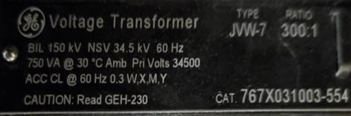 34500 V, GENERAL ELECTRIC JVW-7, 300:1, CAT. #767X031003, VOLTAGE TRANSFORMERS