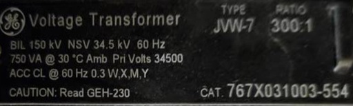 34500 V, GENERAL ELECTRIC JVW-7, 300:1, CAT. #767X031003, VOLTAGE TRANSFORMERS