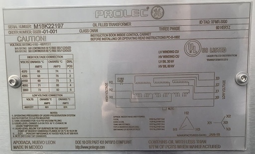 500/560 KVA, Pri 4160 D, Sec 480Y/277, GE PROLEC, COPPER, UNUSED