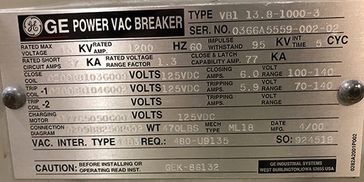 1200 Amp, GENERAL ELECTRIC, VB1-13.8-1000-3, 15 KV, 2000, 125 VDC, ML18 MECH.
