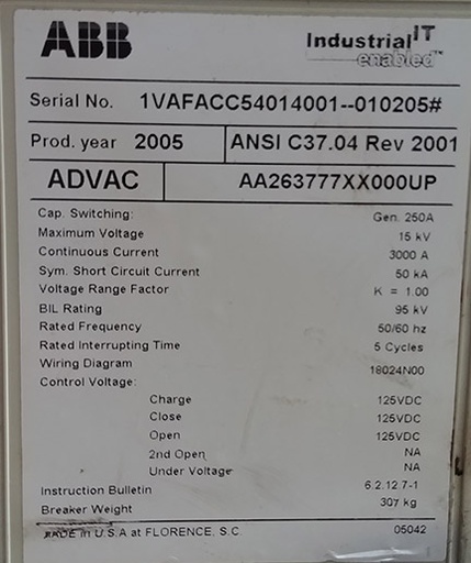 3000 Amp, ABB, ADVAC AA263777XX000UP, 15 KV, 2005, 125 VDC CLOSE & TRIP:1