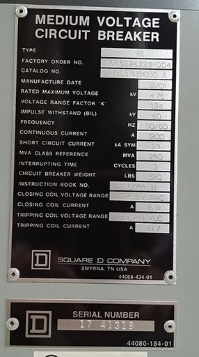 1200 Amp, SQUARE D, VR 75D3153N000 A, 4760 V, 2001, 120 VAC CLOSE, 125 VDC TRIP