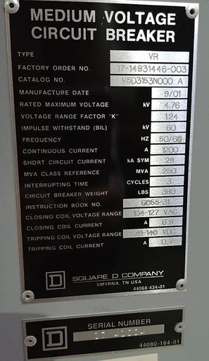 1200 Amp, SQUARE D, VR 75D3153N000 A, 4760 V, 2001, 120 VAC CLOSE, 125 VDC TRIP