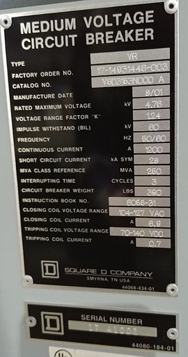 1200 Amp, SQUARE D, VR 75D3153N000 A, 4760 V, 2001, 120 VAC CLOSE, 125 VDC TRIP