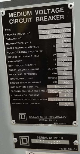 1200 Amp, SQUARE D, VR 75D3153N000 A, 4760 V, 2001, 120 VAC CLOSE, 125 VDC TRIP