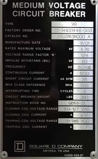 1200 Amp, SQUARE D, MASTERCLAD, 4760 V., SWITCHGEAR LINE-UP