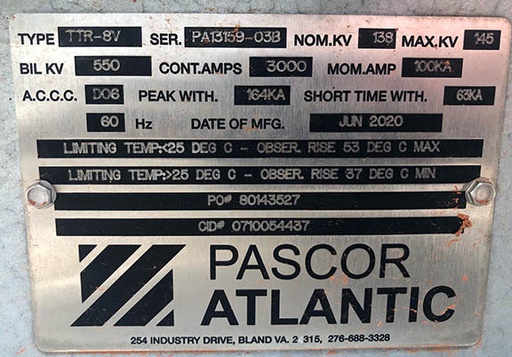 3000 Amp, PASCOR, No. TTR-8V, 138000 V, HORIZONTAL MOUNT, VERTICAL BREAK, UNUSED