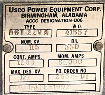1200 Amp, USCO, No. AGT-22VM, 115000 V, 1992, VERTICAL MOUNT, VERTICAL BREAK