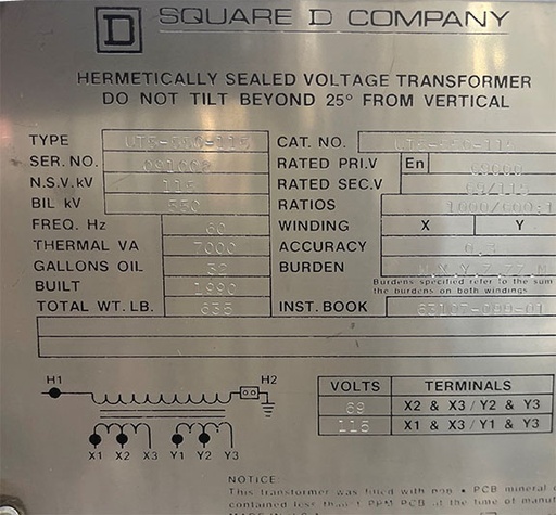 115000 V, Sec. 69000 V PRI, 69/115 V SEC, SQUARE D UT5-550-115, 1000/600:1, PT