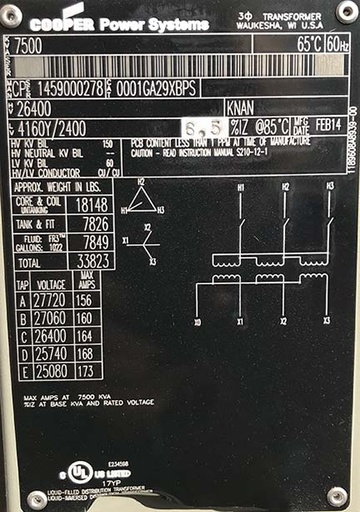 7500 KVA, Pri 26400 D, Sec 4160Y/2400, COOPER, DEAD FRONT, RADIAL FEED