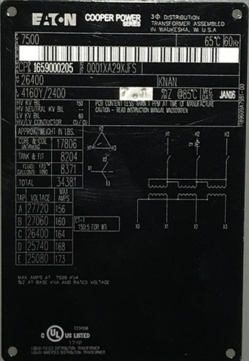 7500 KVA, Pri 26400 D, Sec 4160Y/2400, 2016, COOPER, DEAD FRONT, RADIAL FEED:1
