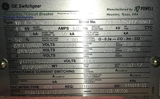 1200 Amp, POWELL, VB 4.76-50-4(3), 4160 V., 2017, 48 VDC CLOSE & TRIP