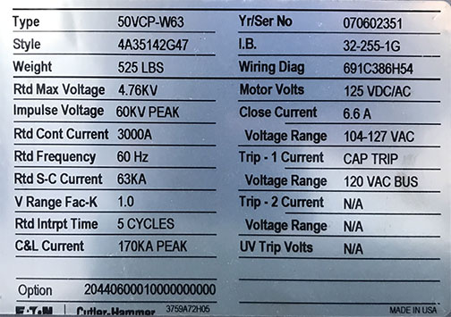 3000 Amp, EATON, 50VCP-W63, 4760 V., 120 VAC CLSE & CAP TRP, 125 VDC/AC MOTOR