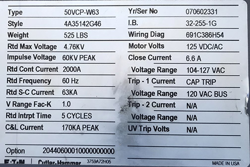 2000 Amp, EATON, 50VCP-W63, 4760 V., 2007, 120 CLSE & CAP TRP, 125 VDC/AC MOTOR