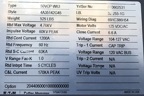 1200 Amp, EATON, 50VCP-W63, 4760 V., 2007, 120 VAC CLSE & TRP, 125 VDC/AC MOTOR