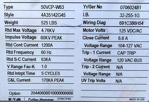 1200 Amp, EATON, 50VCP-W63, 4760 V., 2007, 120 VAC CLSE & TRIP, 125 VDC/AC MOTOR