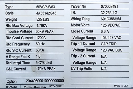 2000 Amp, EATON, 50VCP-W63, 4760 V., 2007, 120 VAC CLSE & TRIP, 125 VDC/AC MOTOR