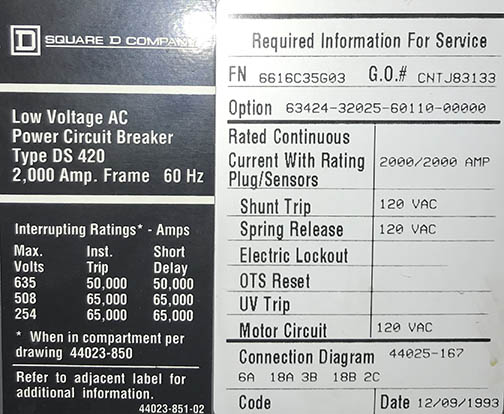 2000 Amp, SQUARE D, DS-420, 480 V., E/O 120 VAC, M/O, LSIG CIRCUIT BREAKER:1