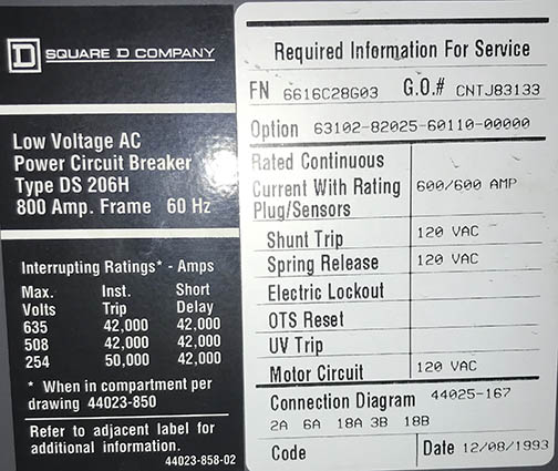 600 Amp, SQUARE D, DS-206H, 480 V., E/O 120 VAC, M/O, LSI CIRCUIT BREAKER:1