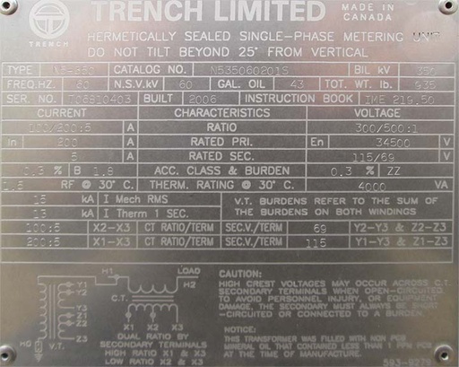 34500 V PRI, Sec. 115/69 V, 2006, TRENCH PT/CT N5-350, 69 KV NSV