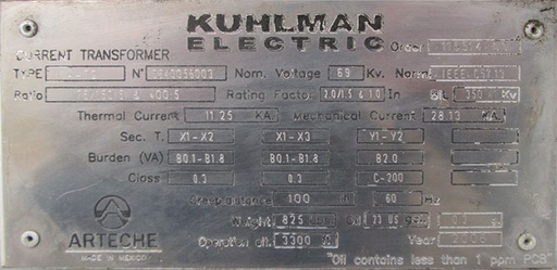 34500 V PRI, Sec. 115/69 V, 2006, KUHLMAN PT/CT KA-72, 69 KV NSV