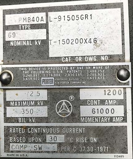 1200 Amp, HK Porter/Delta Star, PMB40A, 72500 V, HM, VB, Gang Operated Air Break