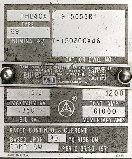 1200 Amp, DELTA STAR, No. PMB40A, 72500 V, HORIZONTAL MOUNT, SINGLE SIDE BREAK