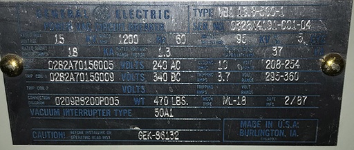 1200 Amp, GE, VB1-13.8-500-1, 15 KV, E/O, D/O, 240 AC CLOSE, 340 DC TRIP, ML-18