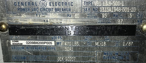 1200 Amp, GE, VB1-13.8-500-1, 15 KV, E/O, D/O, 240 AC CLOSE, 325 DC TRIP, ML-18