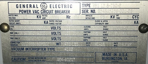 1200 Amp, GE, VB1-13.8-750-2, 15 KV, E/O, D/O, 125 AC CLOSE, 125 DC TRIP, ML-18