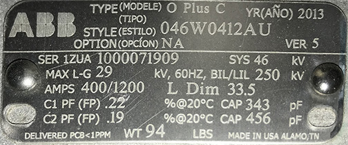 46000 V, 400/1200 A, 250 kV, ABB, 046W0412AU, DRAW LEAD/BOTTOM CONN, O+C, GRAY:3