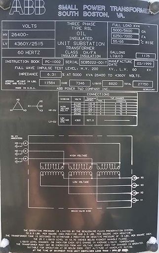 5000/7000 KVA, Pri 26400 D, Sec 4360Y/2515, ABB, COPPER