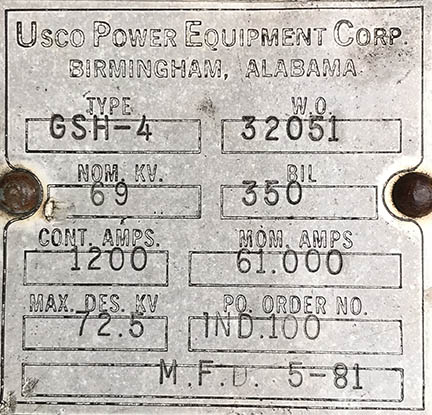 1200 Amp, USCO, No. GSH-4, 69000 V, HORIZONTAL MOUNT, SIDE BREAK:1