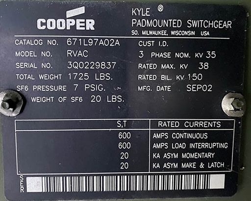 600 Amp, COOPER/KYLE, MODEL RVAC, 38,000 V, 2002, 2 WAY, SF6 PAMOUNT SWITCH