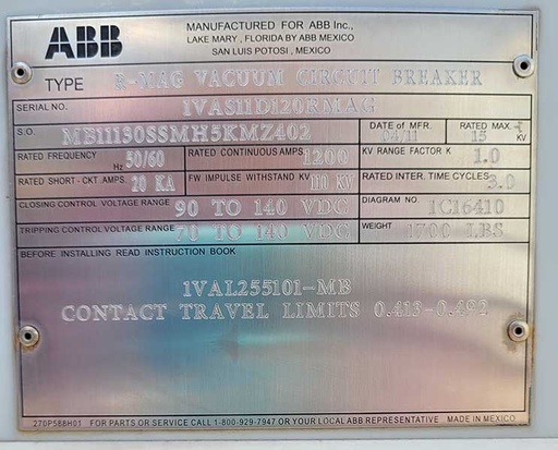 1200 Amp, ABB, No. RMAG, 15 KV, 20 KA, 125 VDC CLOSE & TRIP