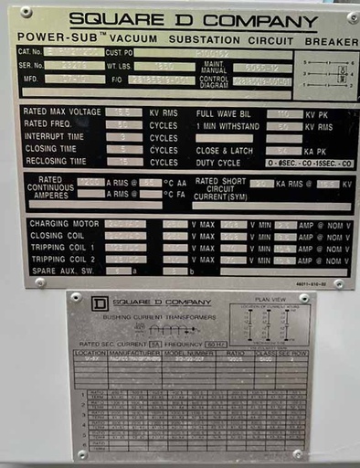 1200 Amp, SQUARE D, No. EVR11211200, 15500 V., 2010, 125 VDC TRIP, 240 VAC C/M