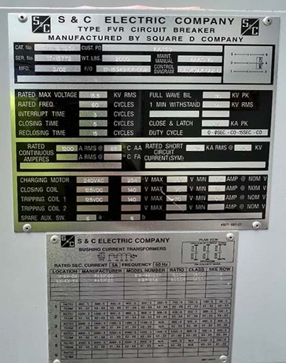 1200 Amp, SQUARE D, No. FVR1121125A, 15500 V., 2002, 125 VDC C/T, 240 VAC MOTOR