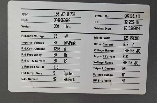 2000 Amp, CUTLER HAMMER, 150 VCP-W 750, 15 KV, 2011, UL LISTED;
