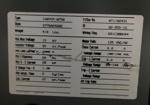 1200 Amp, CUTLER HAMMER, 150 VCP-W 750, 15 KV, UL LISTED