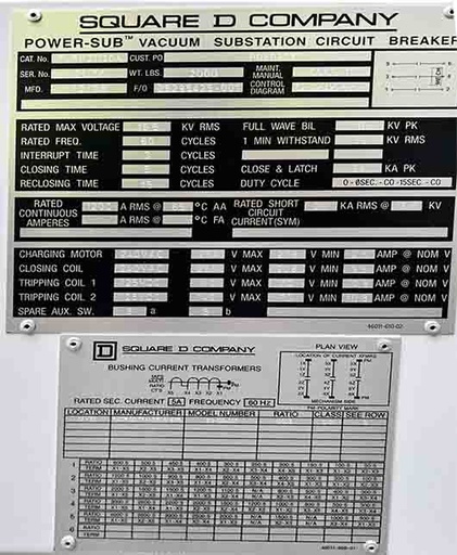 1200 Amp, SQUARE D, No. FVR1121120A, 15500 V., 2008, 125 VDC TRIP, 240 VAC C/M