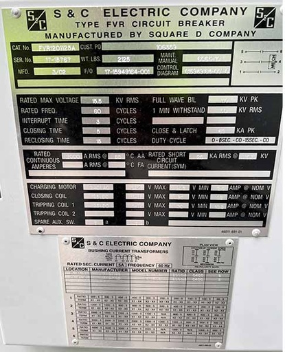1200 Amp, SQUARE D, No. FVR1121120A, 15500 V., 2002, 125 VDC C/T, 240 VAC MOTOR