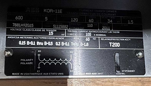 200 KVA, 34500 V, Sec. 115 V, 2010, TYPE VZF-36-10 RITZ VOLTAGE TRANSFORMERS;2