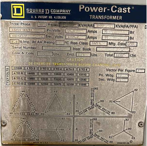 1000/1500 KVA, Pri 13200 D, Sec 480Y/277, SQUARE D POWER-CAST