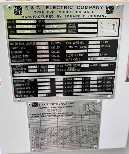 1200 Amp, SQUARE D, No. FVR1121125A, 15500 V., 2002, 125 VDC C/T, 240 VAC MOTOR
