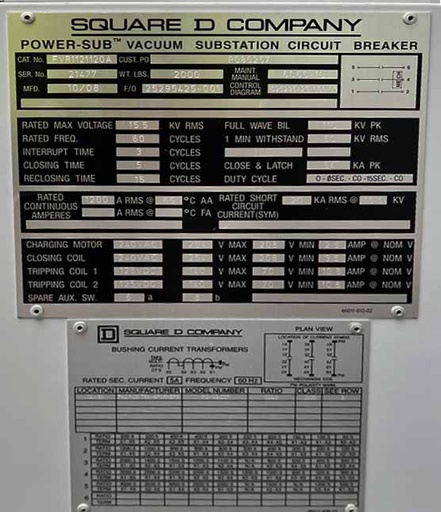 1200 Amp, SQUARE D, No. FVR1121120A, 15500 V., 2008, 125 VDC TRIP, 240 VAC C/M