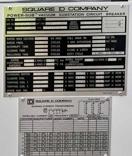 1200 Amp, SQUARE D, No. FVR1121120A, 15500 V., 2008, 125 VDC TRIP, 240 VAC C/M